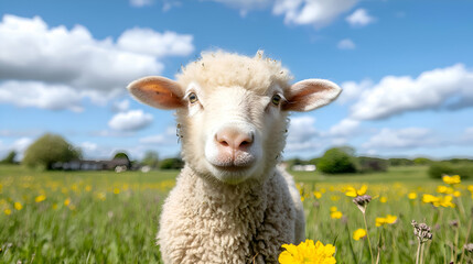 Fototapeta premium Closeup of a Fluffy White Lamb in a Yellow Flower Field