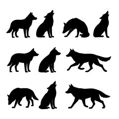 Silhouette of a wolf vector set isolated on white background