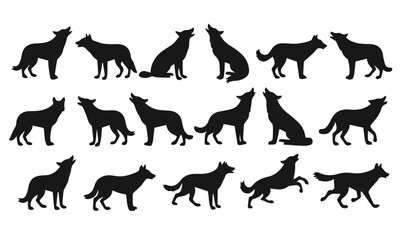 Silhouette of a wolf vector set isolated on white background