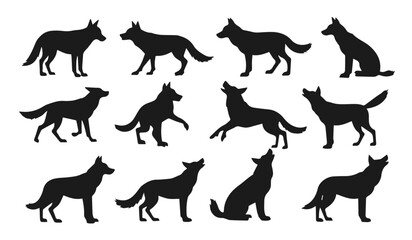 Silhouette of a wolf vector set isolated on white background