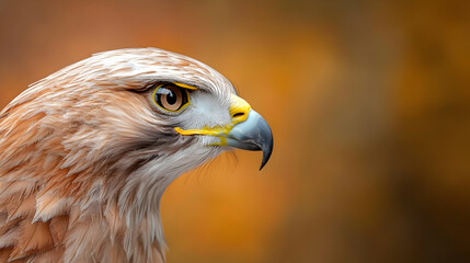Naklejka premium Detailed Profile of a Brown and White Hawk with Yellow Beak and Eye in Nature Setting