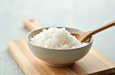 Tapioca starch in bowl on wooden board with wooden spoon. White granules tapioca flour, ingredient for baking, cooking. Healthy natural raw food for culinary.