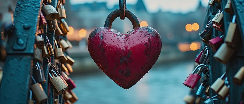 Red heart-shaped padlock hanging on a bridge railing, surrounded by other locks.