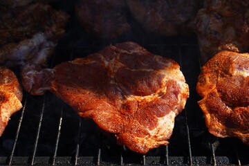 Juicy steaks sizzling on an outdoor grill. Smoky flavor, open fire, and perfect sear—authentic barbecue in nature. Great for food, camping, and outdoor cooking themes.