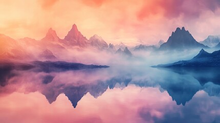 Serene mountain lake landscape at sunrise with misty peaks and colorful sky reflection fog art calm