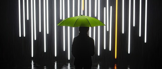 Silhouette of a person holding a green umbrella in front of a wall of neon lights.