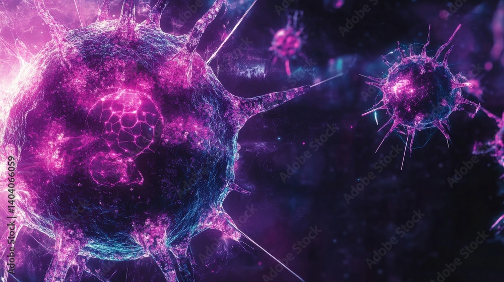 Poster abstract representation of colorful microorganisms in a vibrant digital environment