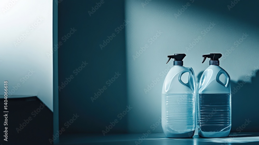 Aufkleber two clear spray bottles on a shelf, illuminated by soft light, creating a serene atmosphere
