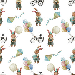 Watercolor cartoon illustration of birthday bunny boy with toy presents seamless pattern on transparent background. Retro style toys, car, kite.