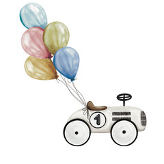 Retro Style Ride On Racing Car for children with colorful bunch of flying colourful balloons watercolor isolated illustration on transparent background .