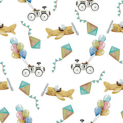 Watercolor vintage toys seamless pattern, pastel colors, retro plane, toy car, kites and balloons on transparent background. 