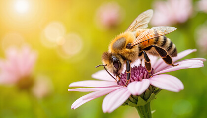 Honeybee Pollinating Pink Flower in Natural Setting for Nature Blogs, Environmental Awareness, Educational Content, and Wildlife Conservation