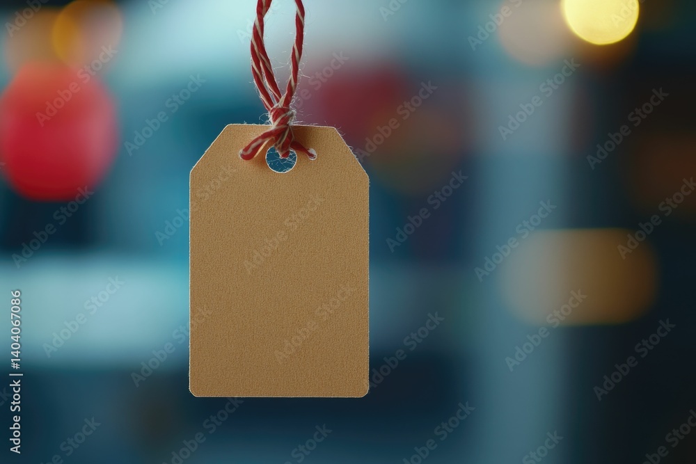 Poster hanging blank tag mockup with red string against blurred background