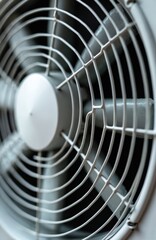 Close-up of white air conditioning system fan, modern design. Ventilation unit with cooling fins, metal grill, technology. Industrial equipment. White color on blurred background. HVAC, climate