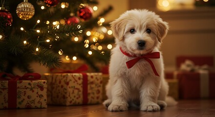 A playful puppy wearing a festive red ribbon around its neck, sitting under a Christmas tree with twinkling lights