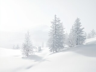 Fototapeta premium Winter wonderland landscape with snow-covered trees and a building on a hillside, creating a serene scene. Snow and trees fill the scene.