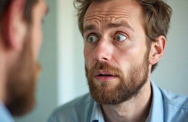 Fototapeta premium Man looks in mirror, sees wrinkles. Face expression of concern, shock. Tired man, stress, old age problems. Close-up portrait, morning routine, skincare, beauty, health concept.