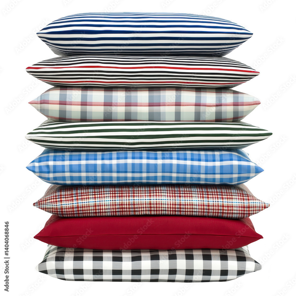 Aufkleber stack of colorful pillows with various striped and checkered patterns creates vibrant and cozy displ