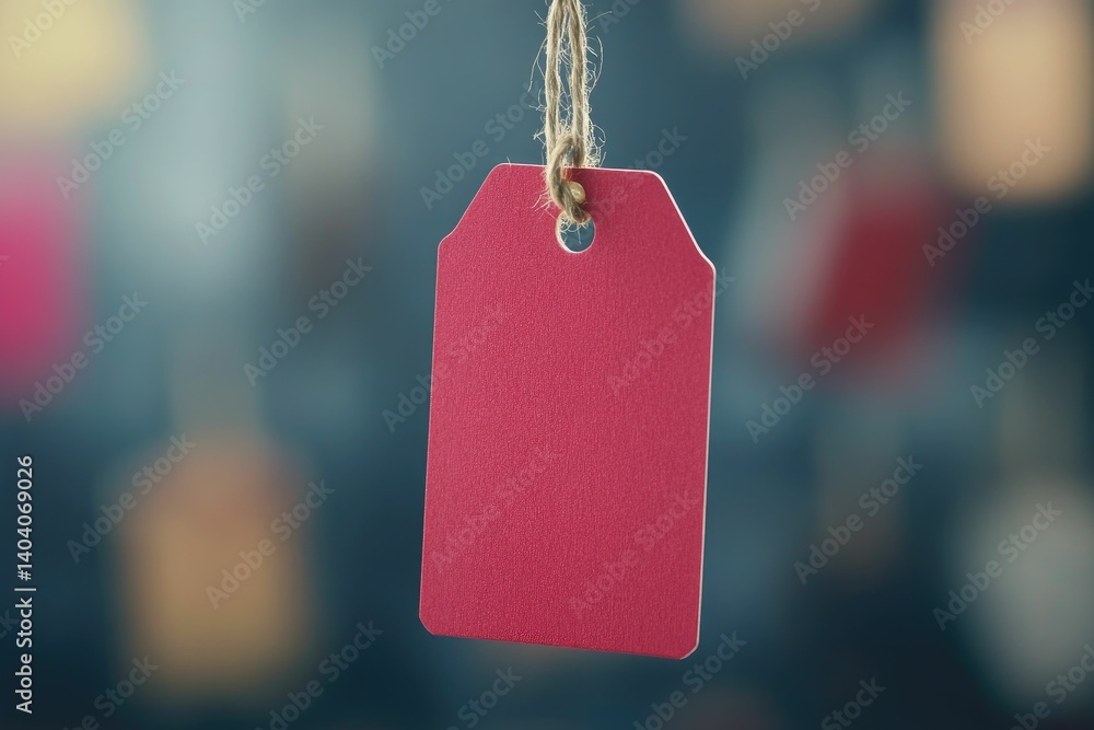 Poster hanging red tag mockup with jute string for price or label