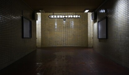 Dark and empty tiled underpass with artificial lighting and blank advertising boards on the walls....