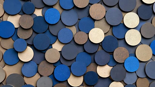 A vibrant assortment of circular leather pieces in various shades of blue and tan arranged neatly