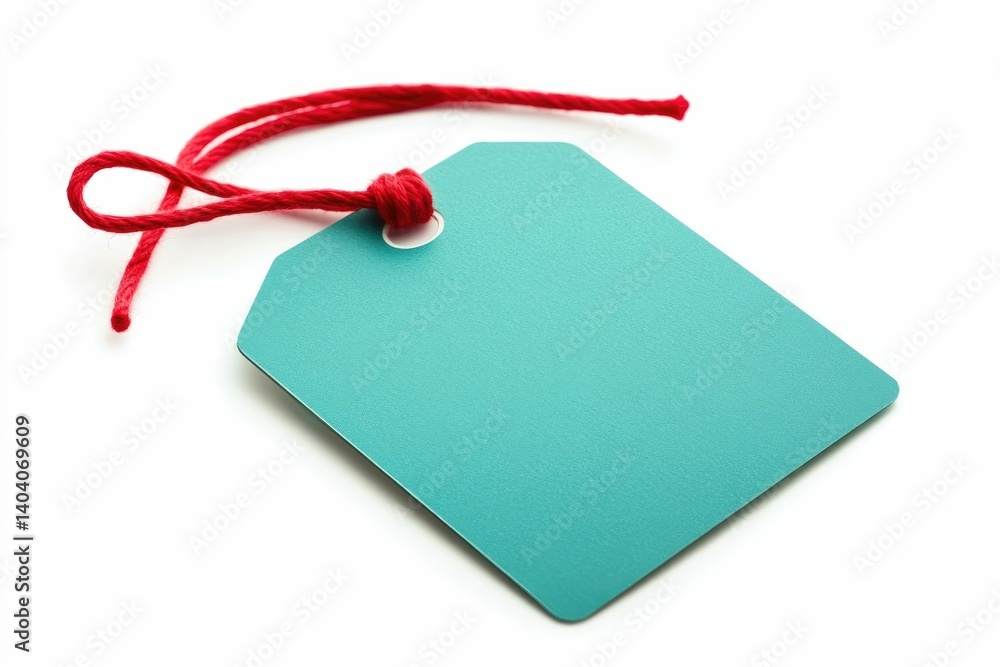 Poster blank turquoise tag with red string on white background mockup