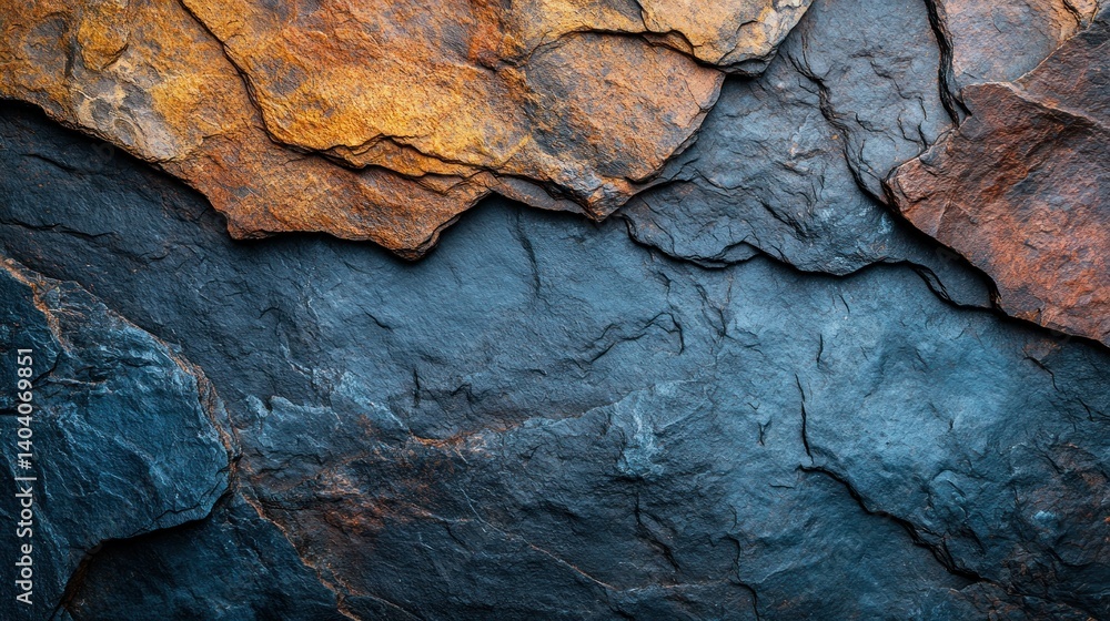 Poster textured stone layers in rich earth tones and dark blues. intricate patterns and varied shades creat