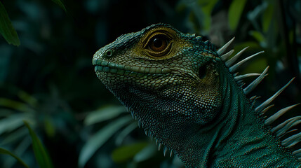 Fototapeta premium Closeup Profile of a Teal and Green Lizard in a Dark Jungle