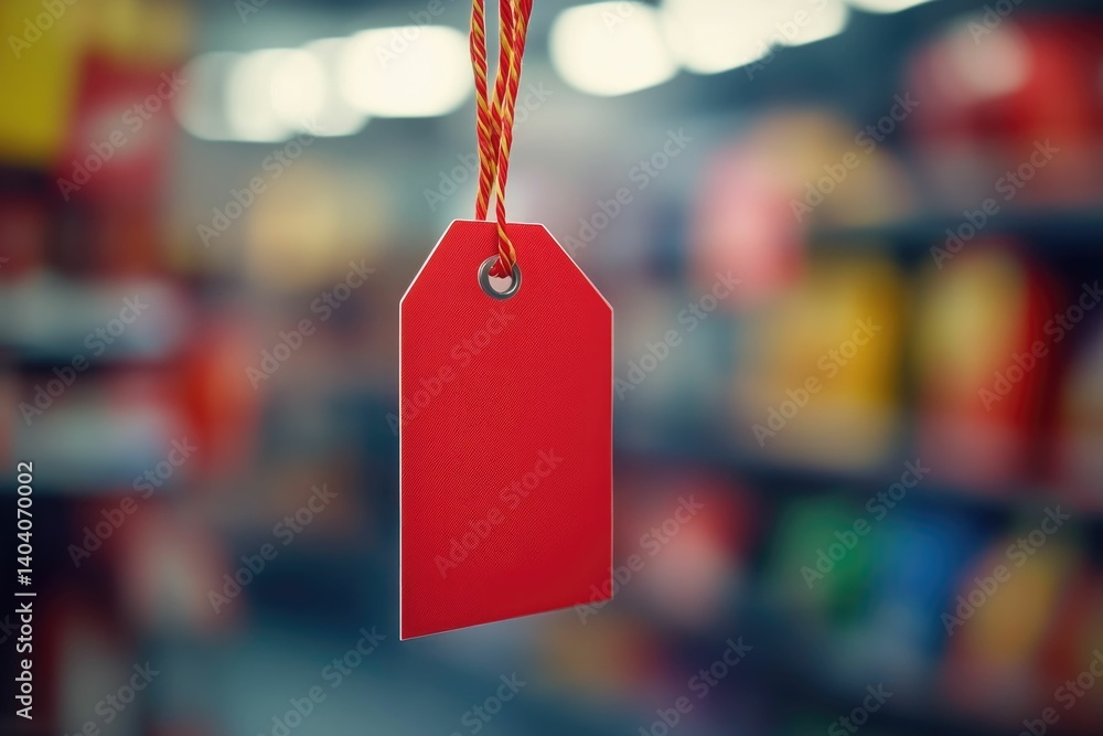 Poster hanging red tag on string with retail store background for promotion