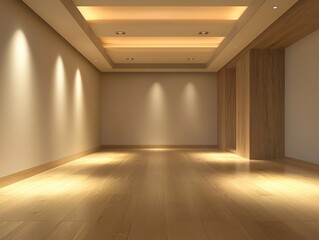 An empty room with warm lighting, a wooden floor, and light beige walls. The space is minimalist and modern, ready for personalization.