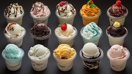 Sixteen assorted ice cream cups with various toppings and flavors.