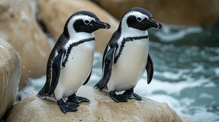 Obraz premium Two African penguins perched on a rock