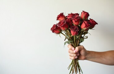 Obraz premium Hand holding withered bouquet of red roses against white background. Dry, wilting flowers signify sadness, lost love, relationship problems, farewell, bad Valentine Day gift. Negative emotions,