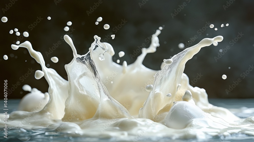 Poster dynamic splash of milk creating droplets against a dark background, capturing movement and texture