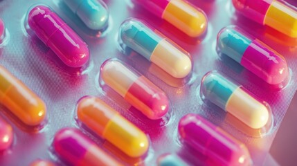 Colorful capsules in blister pack, close-up view.