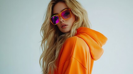 Woman in orange hoodie with colorful sunglasses