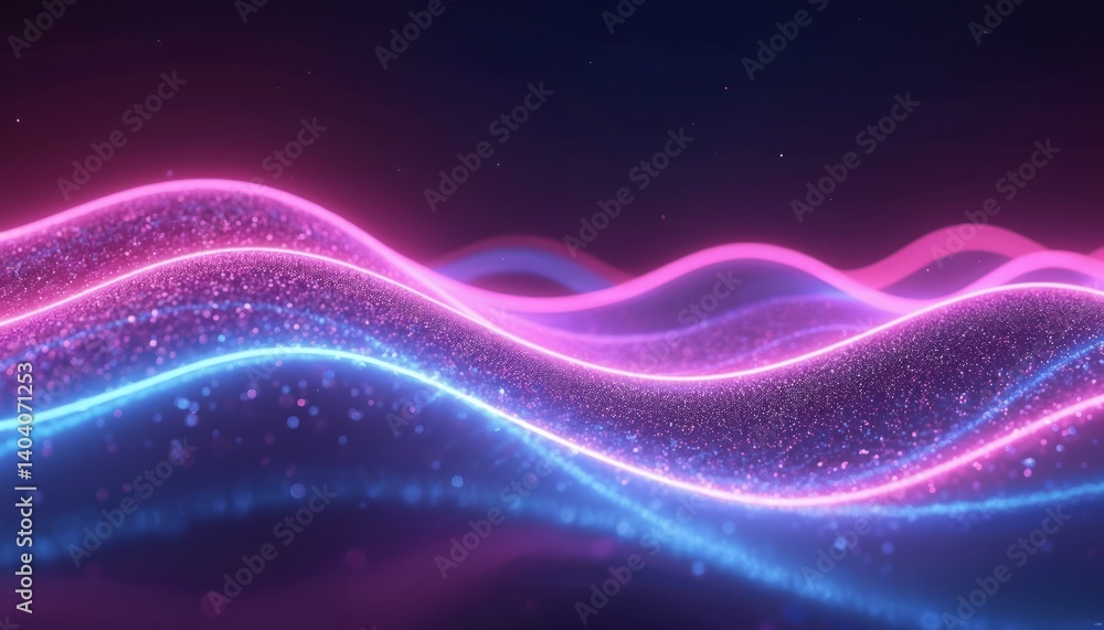 Poster futuristic neon light stripes create bright sparkling background. purple glowing wave lines with imp