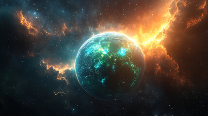 Glowing Earth in space with vibrant nebula and stars in the background
