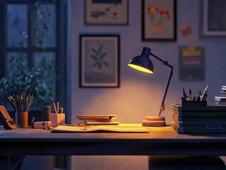 Cozy workspace at night with warm lamp light illuminating desk filled with notebooks, stationery, and artistic tools. Quiet, peaceful scene.