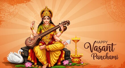 Obraz premium Festive illustration featuring Goddess Saraswati for Vasant Panchami celebration