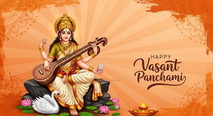 Obraz premium Vibrant portrayal of Goddess Saraswati celebrating Vasant Panchami festival