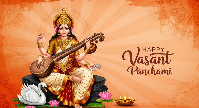 Celebrating Vasant Panchami: A Serene Depiction of Goddess Saraswati with Veena
