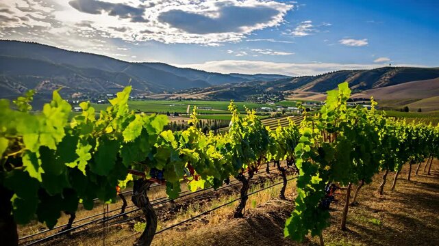 Green field with rows of vines for harvesting. Ripe grapes for the production of fine Stylish wines.