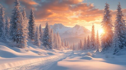 Obraz premium Winter wonderland landscape bathed in golden sunrise. Snow-covered trees line a path leading to majestic snow-capped mountains. A breathtaking display of winter's beauty