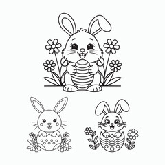 Cute Cartoon Easter Bunny with Easter Egg Shell &ndash; Black and White Line Drawing, Coloring Page Style. International Children's Book Day.