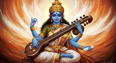 Fototapeta premium Elegant Saraswati depiction playing veena with divine ethereal backdrop