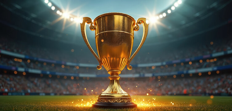 Golden winner cup on stadium grass at night. Trophy against illuminated crowd background represents victory, success, champion award. Celebratory event, goal achieved. Football match, game, league,