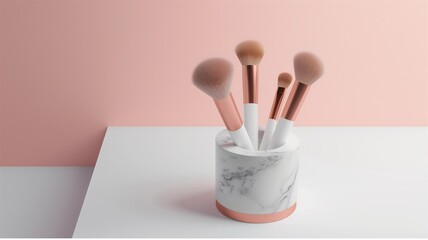 Photorealistic image of a acrylic makeup brush holder with marble base in a studio setting