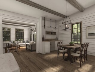 Rustic farmhouse design: dining area with natural wood table, chairs, and views into the living room with cozy white sectional.