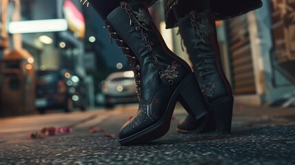 Naklejka premium Photorealistic image of a ankle boots being worn on the street